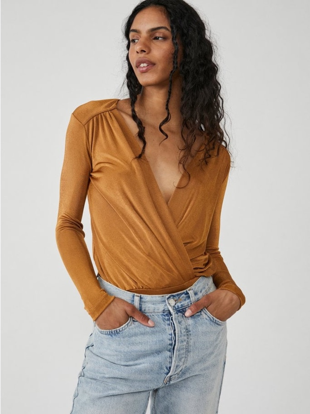 Free People Turnt Bodysuit XS Wrap Front Long-Sleeve Top - Mustard